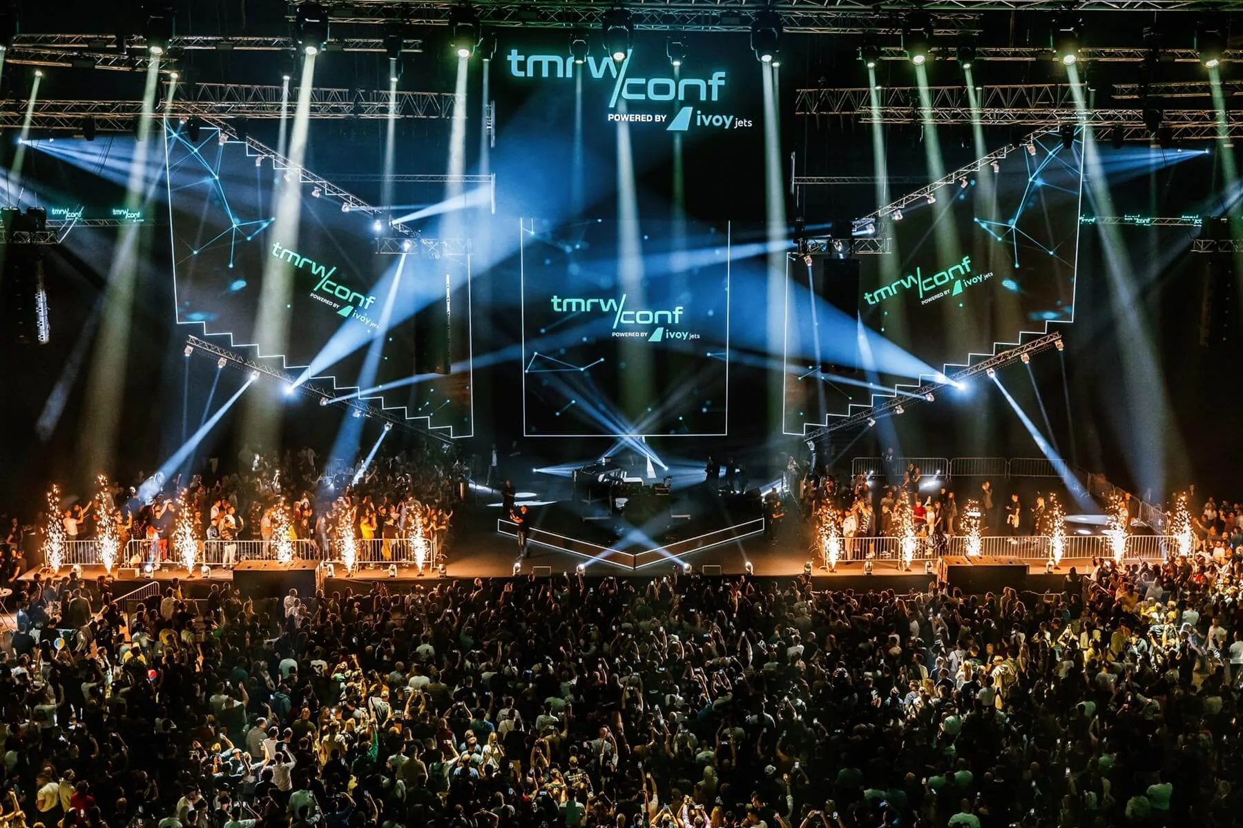 Crowd facing the main stage at Štark Arena during TMRW Belgrade 2023