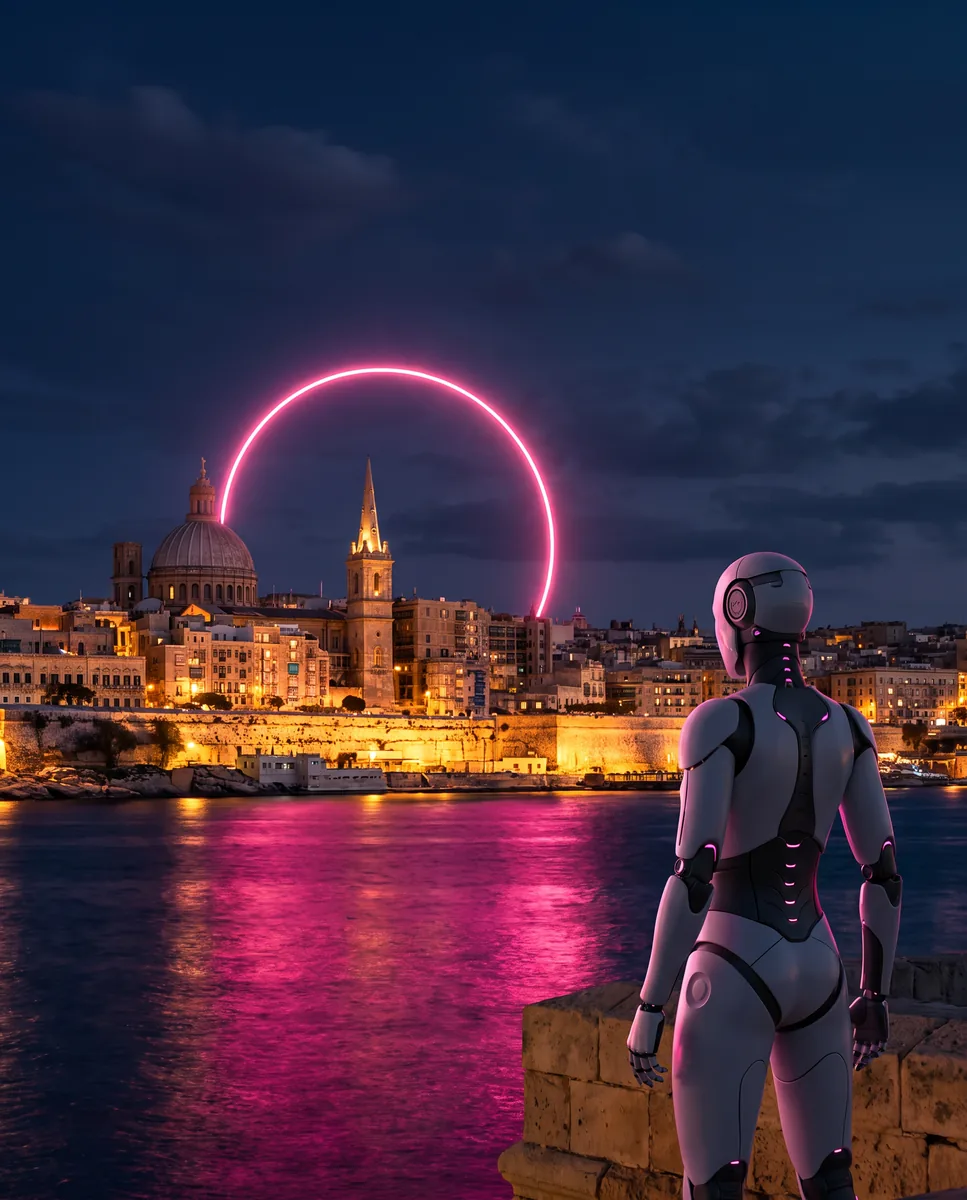 A humanoid robot on a Valletta bastion looking at the lit-up city across the harbour
